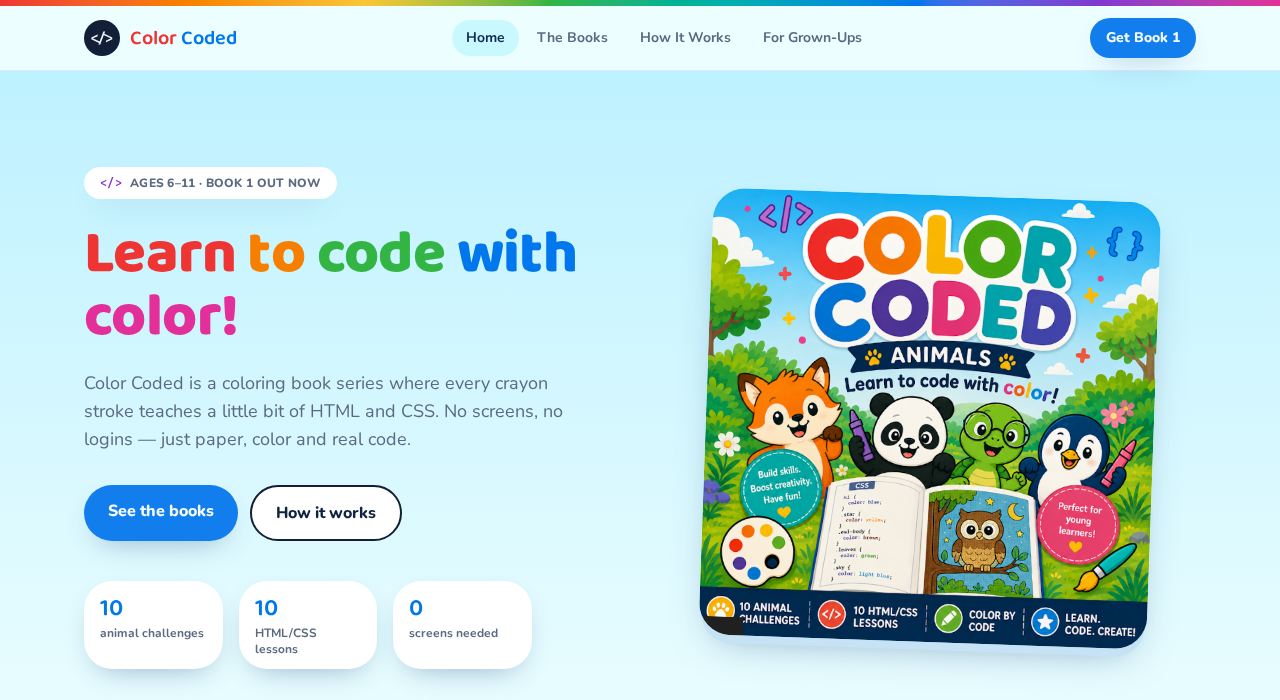 The Color Coded homepage: 'Learn to code with color!' beside the Book 1: Animals cover