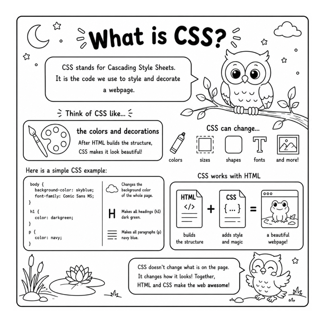 A 'What is CSS?' lesson page with an owl illustration and an annotated CSS example