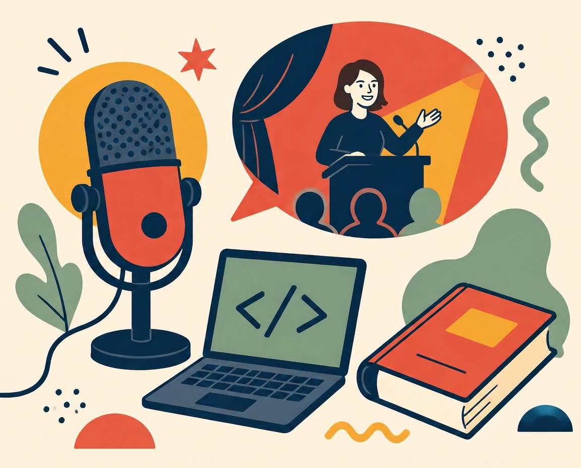 Illustration of a podcast microphone, a conference talk, a laptop with code, and a book